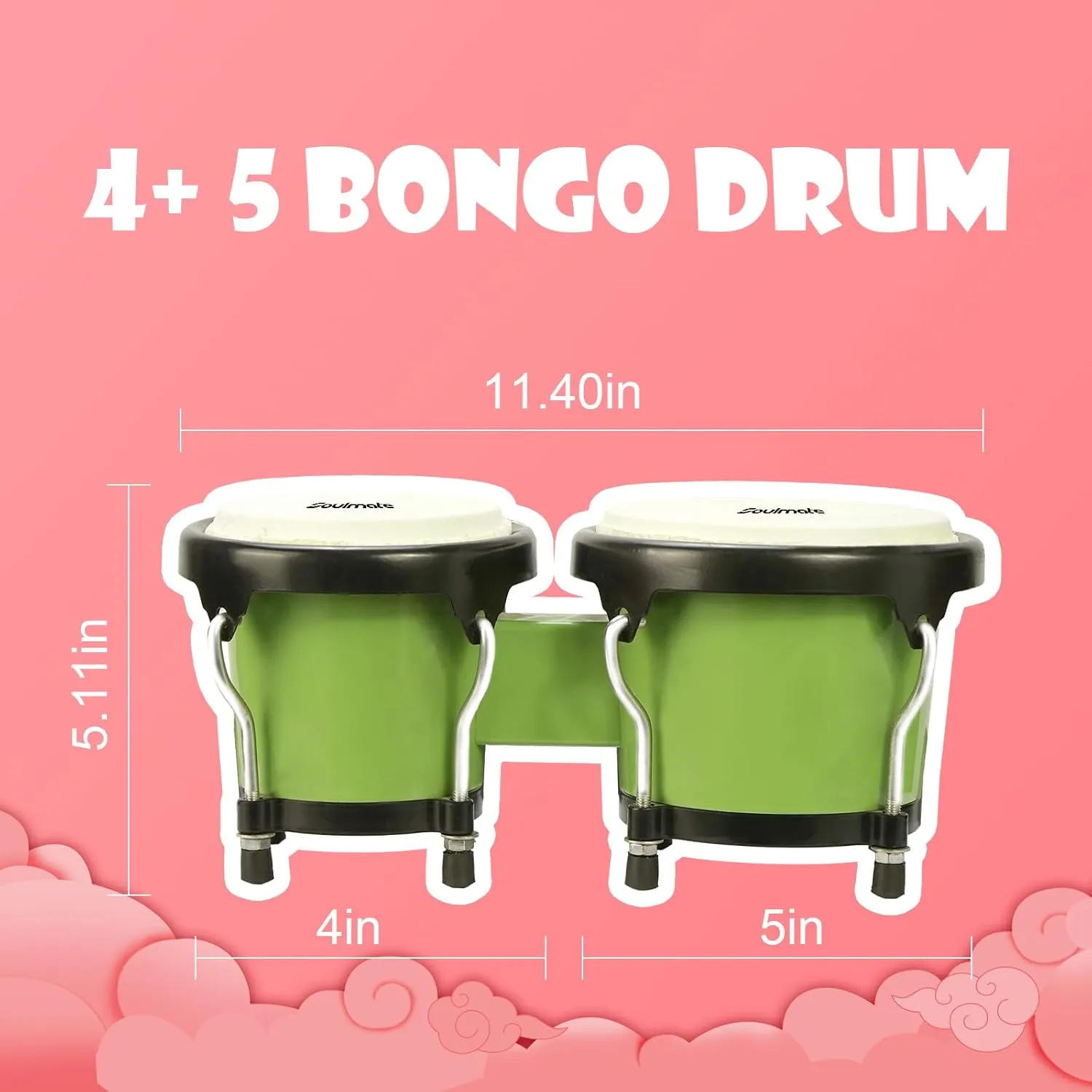 Soulmate Bongo Drum 4'' and 5'' Set for Adults Beginners,Percussion Bongos Drum With Tuning Wrench for 3  years old. (Green)