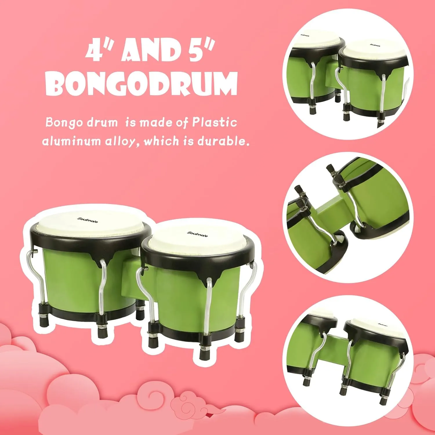 Soulmate Bongo Drum 4'' and 5'' Set for Adults Beginners,Percussion Bongos Drum With Tuning Wrench for 3  years old. (Green)