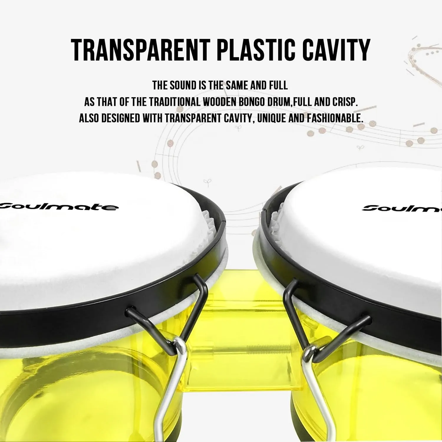 Soulmate Bongo Drums 6” and 7” Set for Kids Beginners Adults Professionals Transparent Bongos Drum Percussion Instrument with Tuning Wrench,Natural Finish (Yellow)