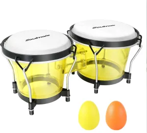 Soulmate Bongo Drums 6” and 7” Set for Kids Beginners Adults Professionals Transparent Bongos Drum Percussion Instrument with Tuning Wrench,Natural Finish (Yellow)