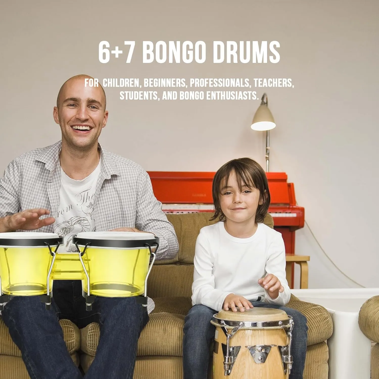 Soulmate Bongo Drums 6” and 7” Set for Kids Beginners Adults Professionals Transparent Bongos Drum Percussion Instrument with Tuning Wrench,Natural Finish (Yellow)
