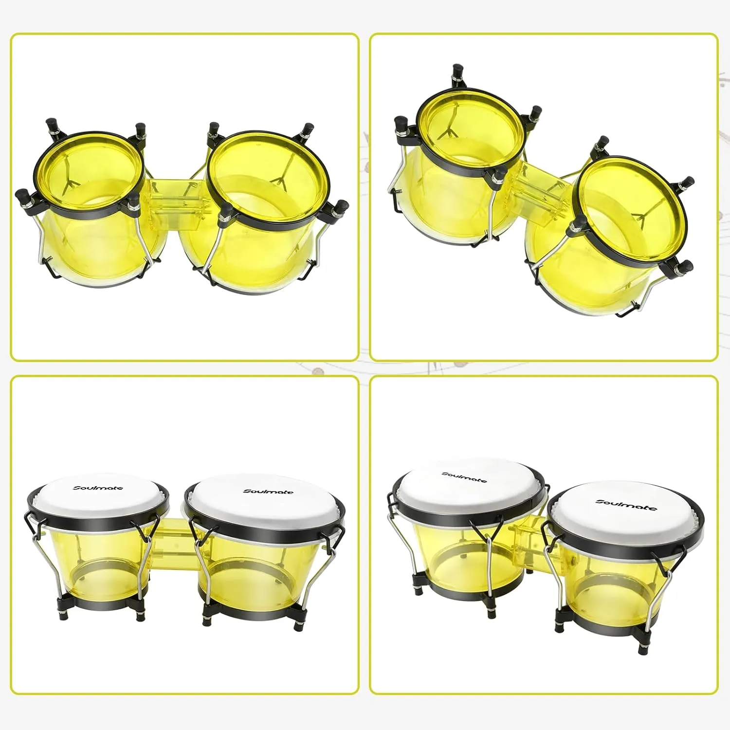Soulmate Bongo Drums 6” and 7” Set for Kids Beginners Adults Professionals Transparent Bongos Drum Percussion Instrument with Tuning Wrench,Natural Finish (Yellow)