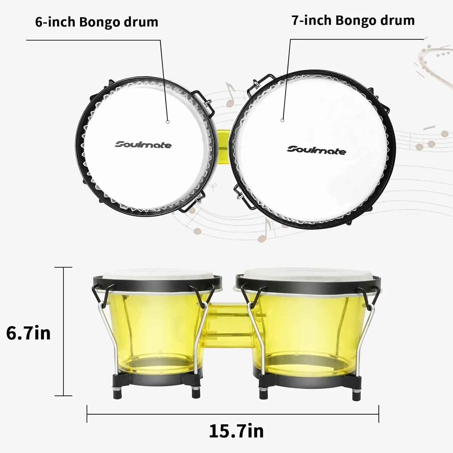 Soulmate Bongo Drums 6” and 7” Set for Kids Beginners Adults Professionals Transparent Bongos Drum Percussion Instrument with Tuning Wrench,Natural Finish (Yellow)