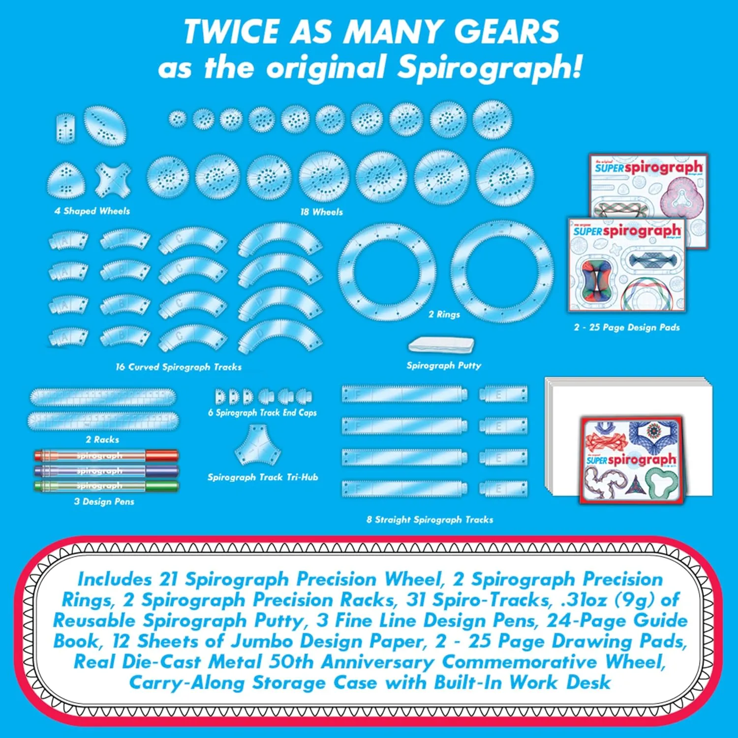 Spirograph Super 50th Anniversary Set –Arts and Crafts, Kids Toys, Art Supplies, Craft Supplies, Drawing Kit, Spiral Art, Classic Gear Design Kit, Case, Pens, Design Sheet Included, Ages 8 