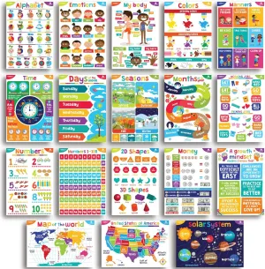Sproutbrite 18 Educational Posters for Toddlers - Classroom Decorations - Kindergarten Homeschool Supplies Materials - Preschool Learning Decor - ABC Poster Charts for Distance Learning (Bright