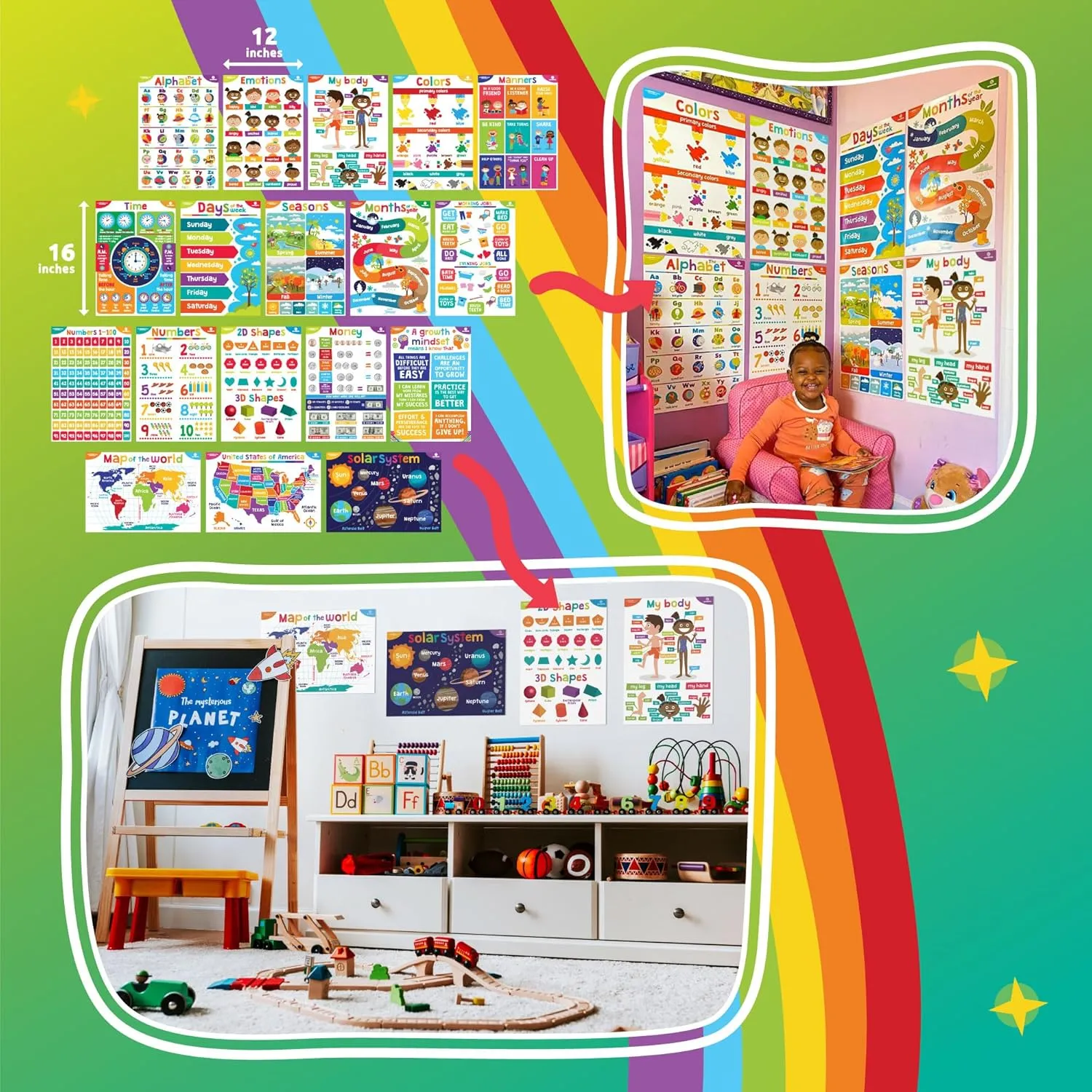 Sproutbrite 18 Educational Posters for Toddlers - Classroom Decorations - Kindergarten Homeschool Supplies Materials - Preschool Learning Decor - ABC Poster Charts for Distance Learning (Bright