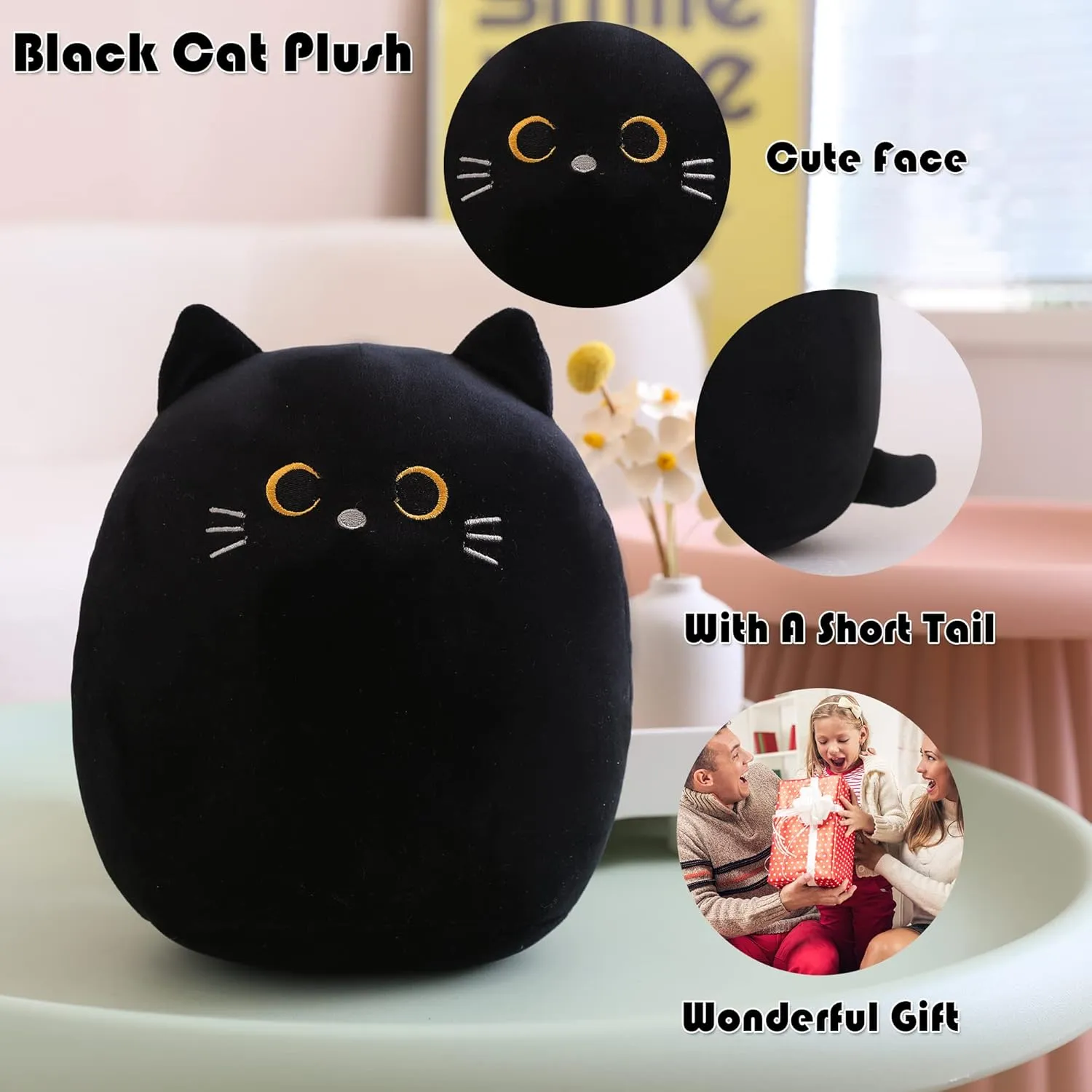 SQEQE Cat Plush Pillow Kawaii Cat Stuffed Animal Fluffy Cartoon Cat Plushies Cat Plushie Doll Toys Soft Cat Shape Design Stuffed Animals Gifts for Kids(Black, 10 inch)