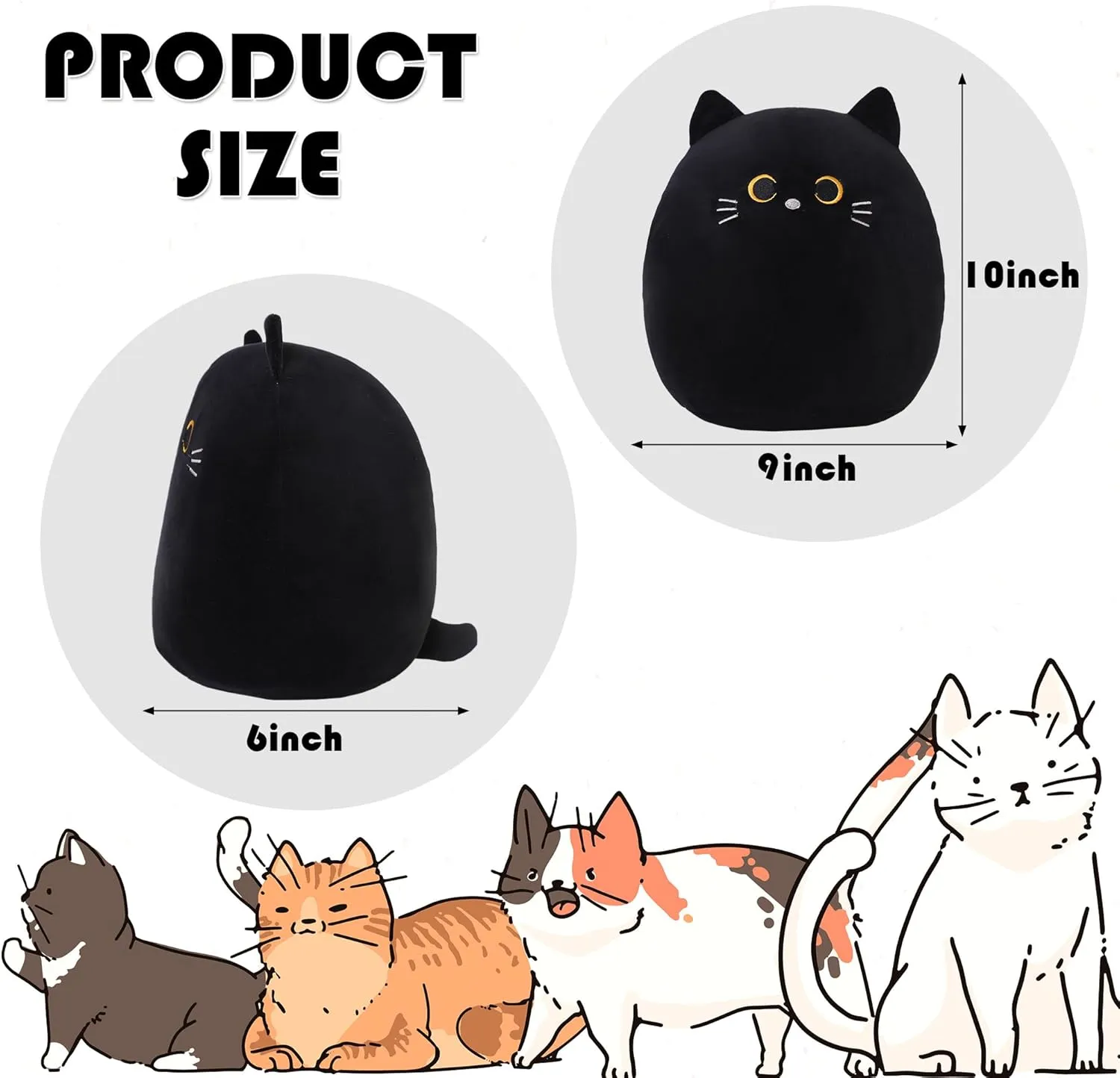 SQEQE Cat Plush Pillow Kawaii Cat Stuffed Animal Fluffy Cartoon Cat Plushies Cat Plushie Doll Toys Soft Cat Shape Design Stuffed Animals Gifts for Kids(Black, 10 inch)
