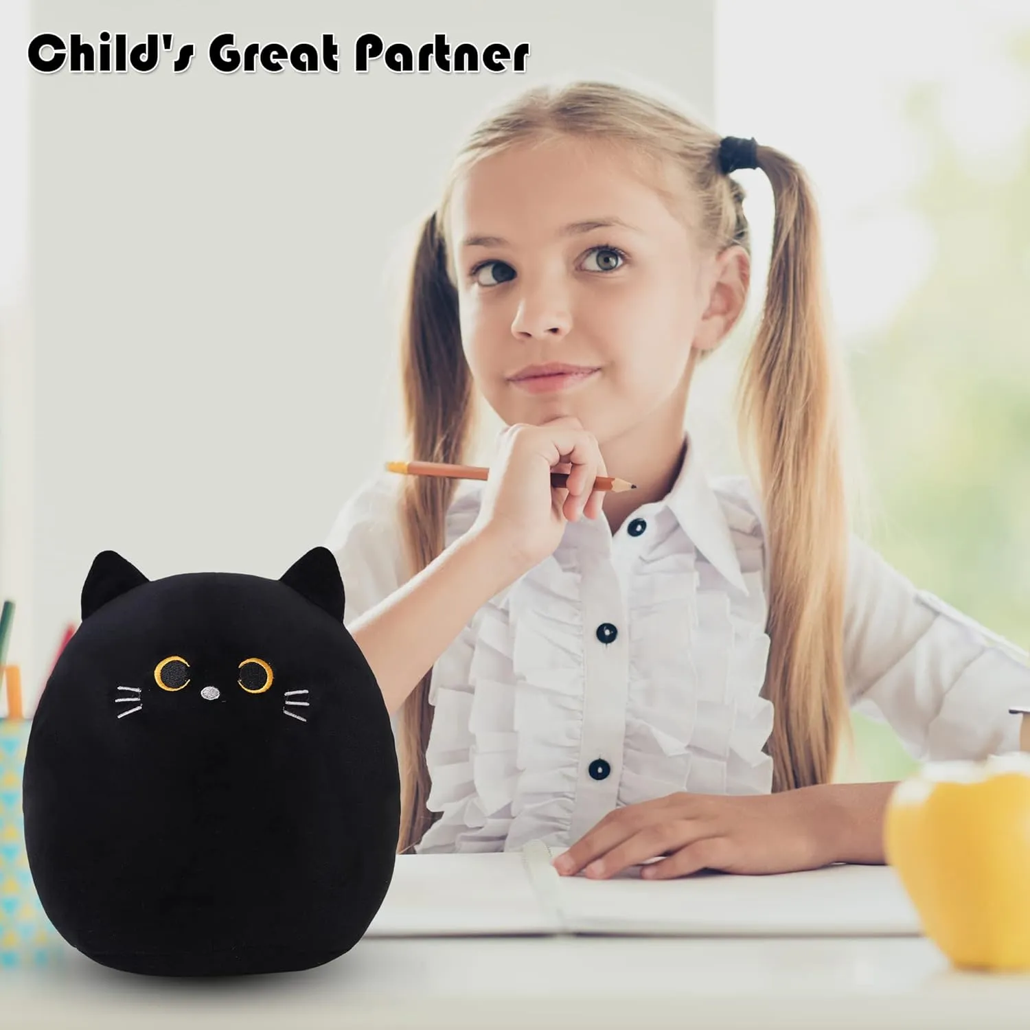SQEQE Cat Plush Pillow Kawaii Cat Stuffed Animal Fluffy Cartoon Cat Plushies Cat Plushie Doll Toys Soft Cat Shape Design Stuffed Animals Gifts for Kids(Black, 10 inch)