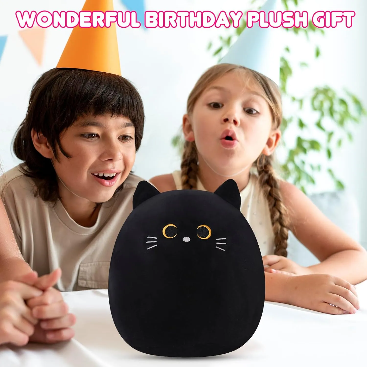 SQEQE Cat Plush Pillow Kawaii Cat Stuffed Animal Fluffy Cartoon Cat Plushies Cat Plushie Doll Toys Soft Cat Shape Design Stuffed Animals Gifts for Kids(Black, 10 inch)