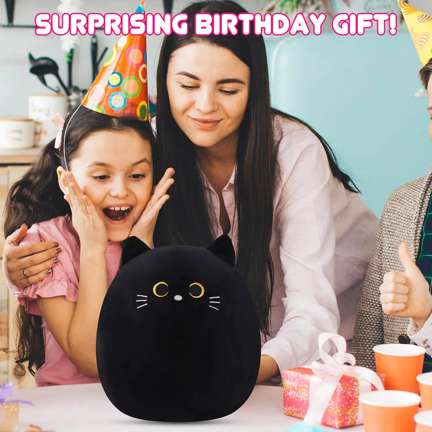 SQEQE Cat Plush Pillow Kawaii Cat Stuffed Animal Fluffy Cartoon Cat Plushies Cat Plushie Doll Toys Soft Cat Shape Design Stuffed Animals Gifts for Kids(Black, 10 inch)