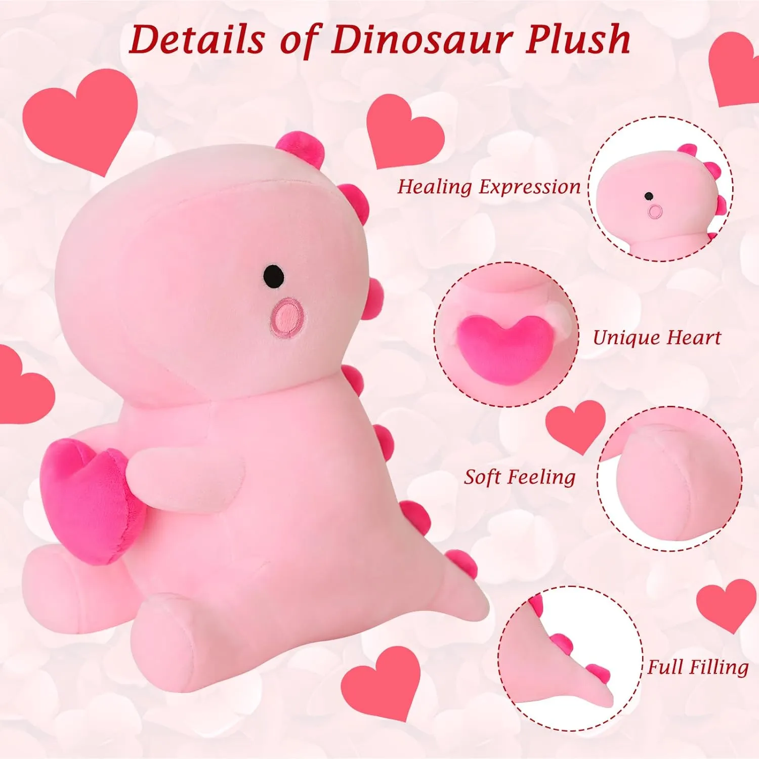 SQEQE Dinosaur Stuffed Animal, Loving Soft Dino Plush Toys with Holding Heart for Valentine Day, Sweet Romantic Anniversary Birthday Gift for Her Girls Boys Girlfriend(Pink,20 inch)