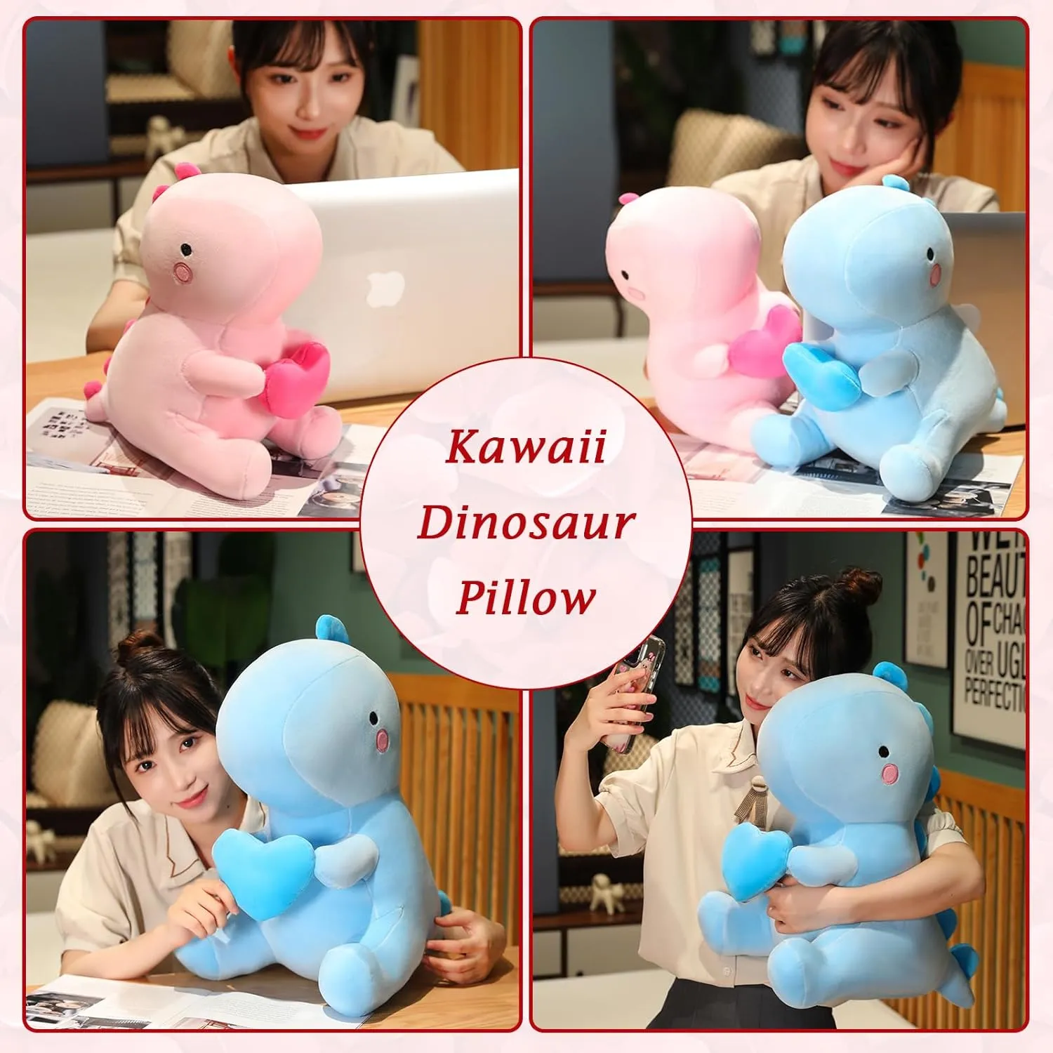 SQEQE Dinosaur Stuffed Animal, Loving Soft Dino Plush Toys with Holding Heart for Valentine Day, Sweet Romantic Anniversary Birthday Gift for Her Girls Boys Girlfriend(Pink,20 inch)
