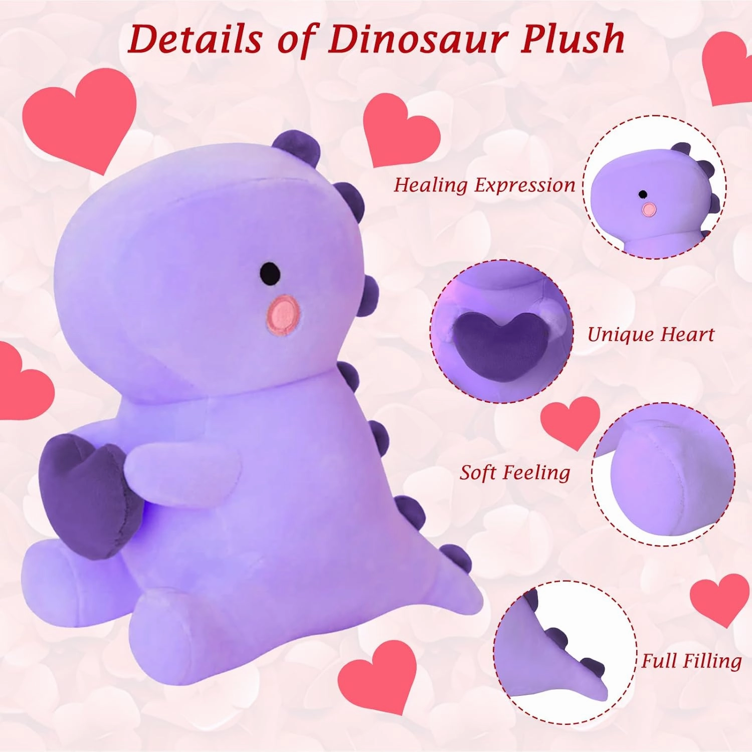 SQEQE Dinosaur Stuffed Animal, Loving Soft Dino Plush Toys with Holding Heart for Valentine Day, Sweet Romantic Anniversary Birthday Gift for Her Girls Boys Girlfriend(Purple,20 inch)
