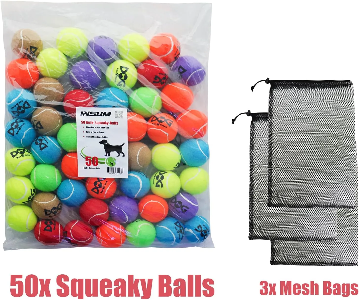 Squeaky Tennis Balls for Dogs - 50 Pack 2.5'' Durable Non-Toxic Interactive Dog Toy Balls with Mesh Bag, SGS Certified, Colorful Puppy Chew Toys for Teething, Pet Training Outdoor Play, Medium Breeds