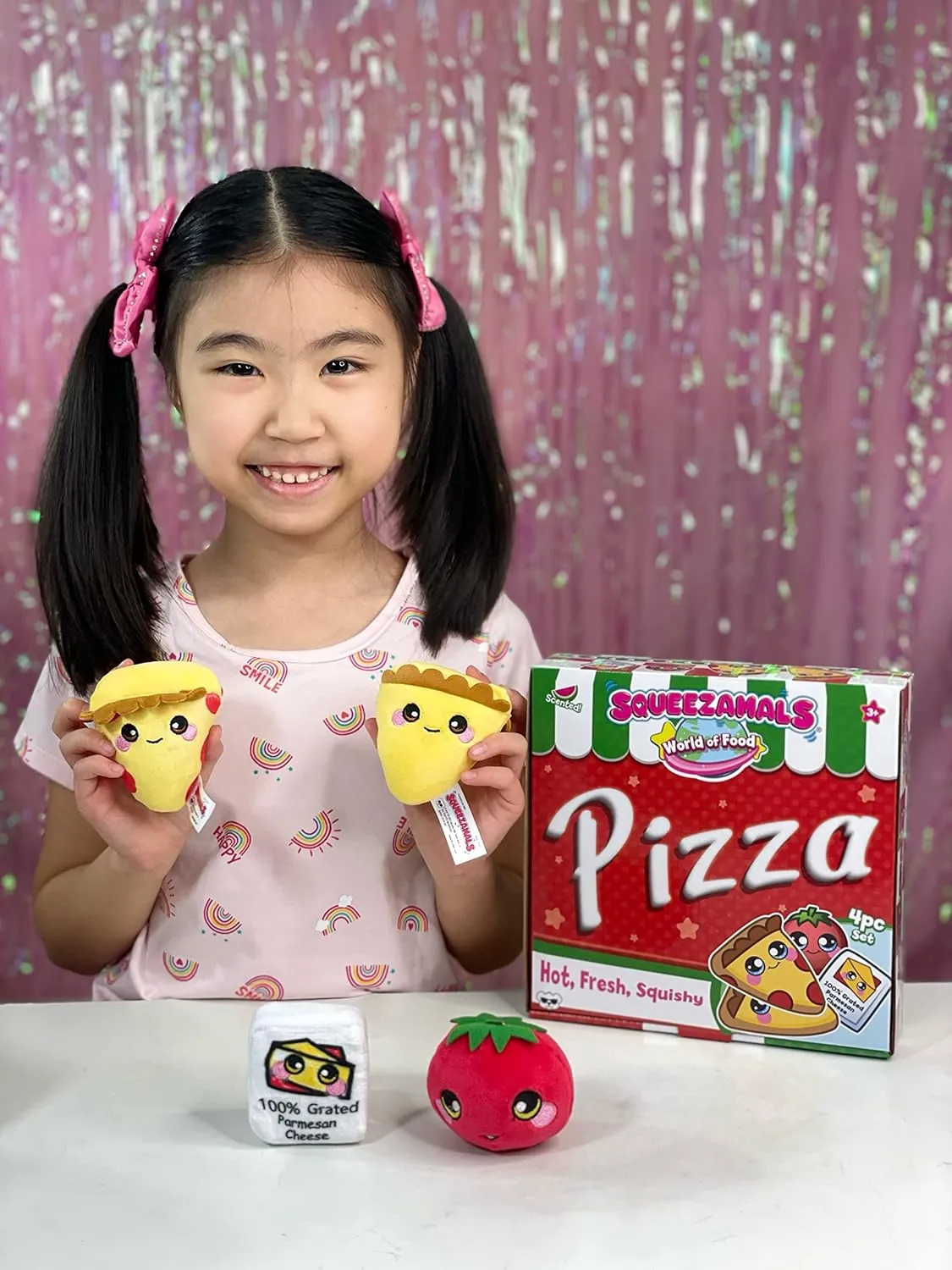 Squeezamals World of Food- New York Pizza Kids Playset- 4 pc Food Plush Toy- Includes Scented Food Mini Plushies for Toddler Pretend Play, Made with, Safe Materials, Multi-Color, (SQ01576)