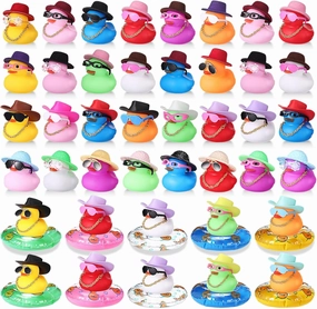 Sratte 170 Pcs Mini Rubber Duck Bulk Bath Toy Colored Little Ducks Sunglasses Necklace Mini Hat Swim Circle for Baby Shower Birthday Swimming Party Gift Favor Decorations