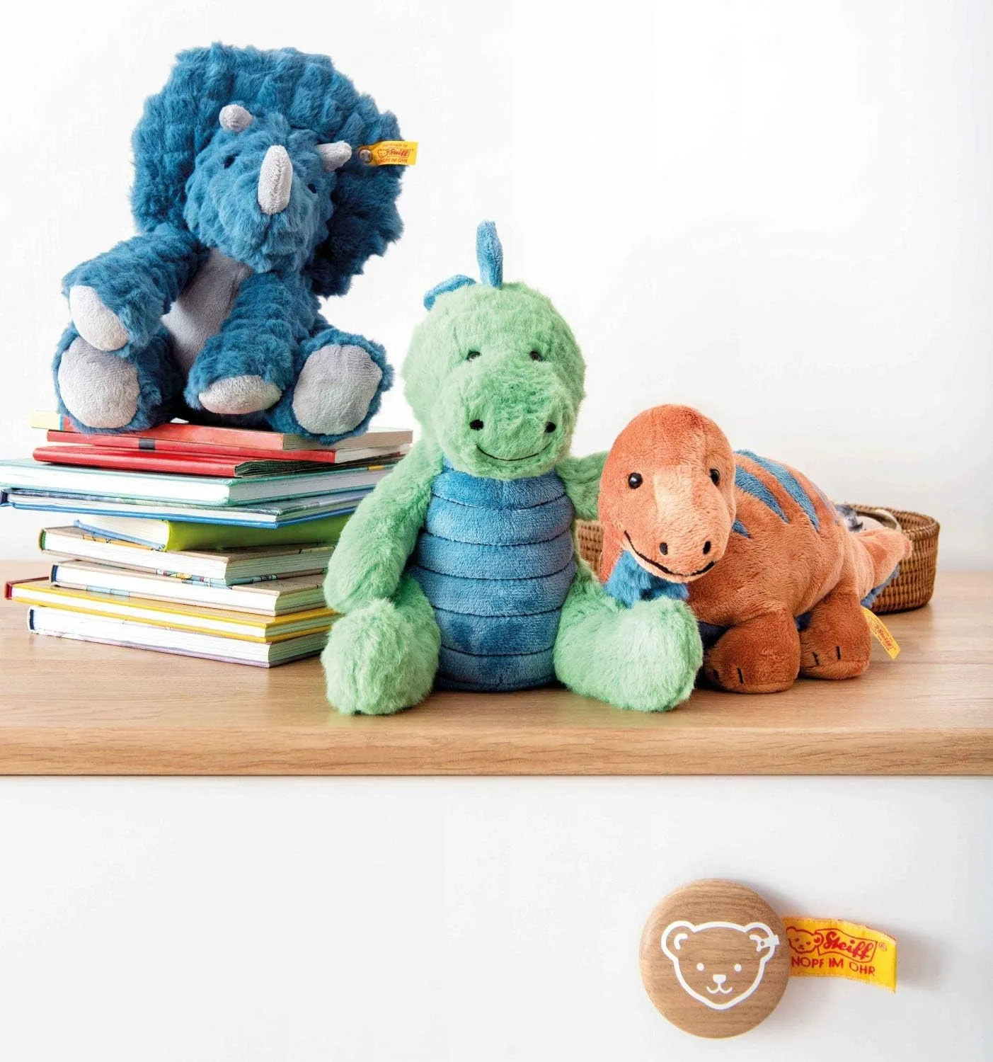 Steiff Bronko Brontosaurus, Premium Dinosaur Stuffed Animal, Stuffed Dino, Brontosaurus Plush, Stuffed Animal for Ages 0 , (Orange/Blue, 11")