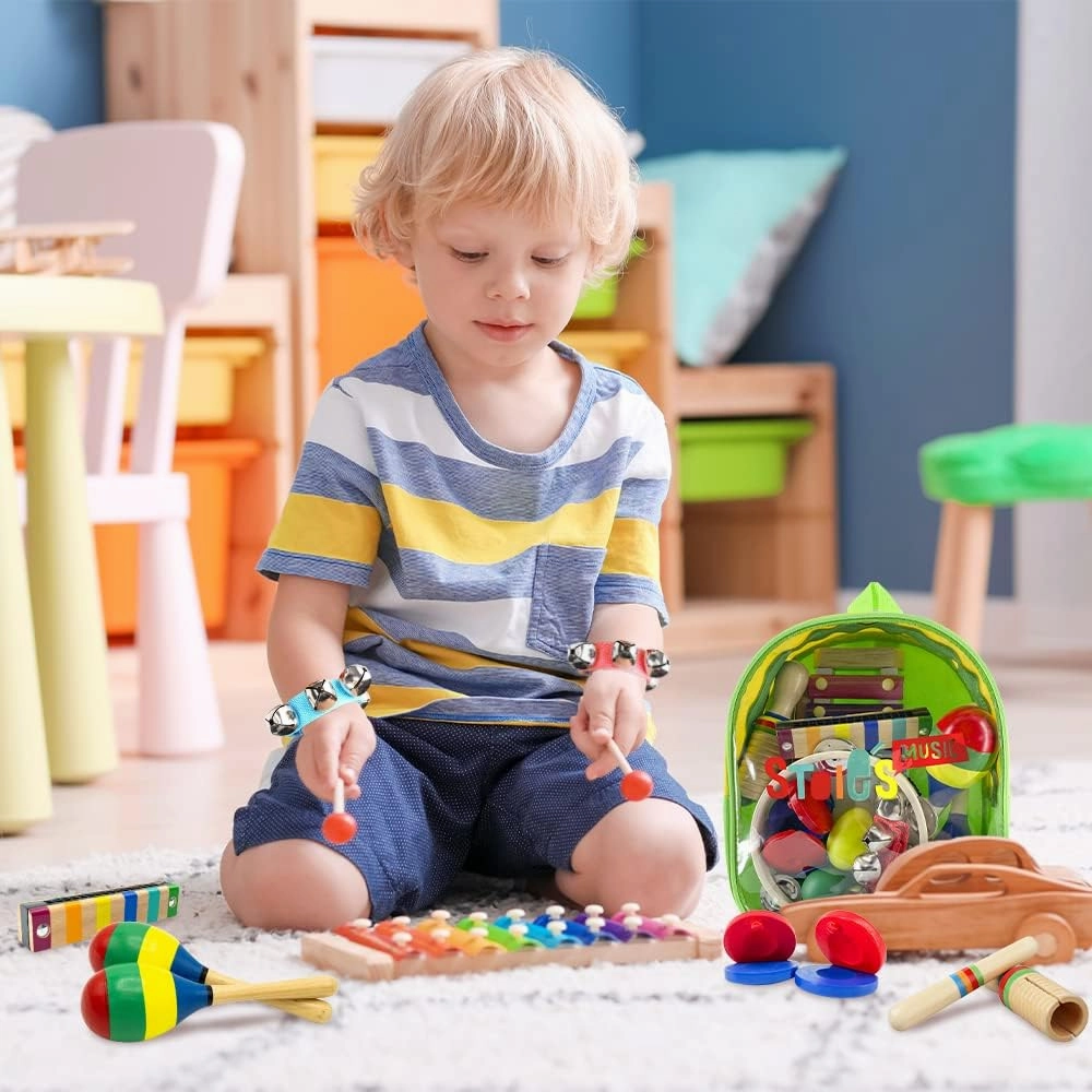 Stoie's Wooden Kids Musical Instruments for 1-5 Years Old, Baby Percussion Toys with Xylophone, Maracas, Tambourine, Durable, Safe to Play, Clear Sound, Bright Rainbow Colors, with a Storage Backpack