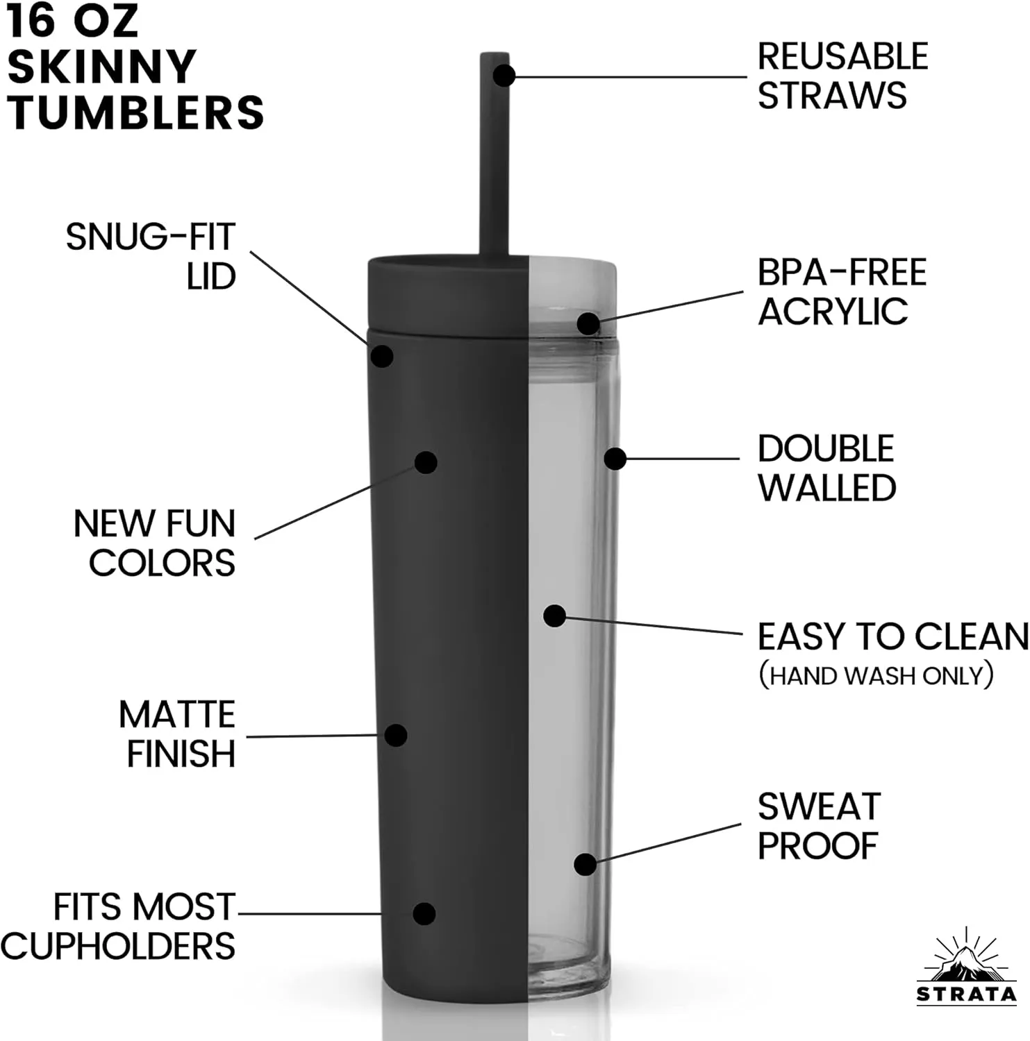 STRATA CUPS Black Skinny Tumblers with Lids and Straws (12 pack) - 16oz Double Wall Acrylic Tumbler, Tall Matte Skinny Tumblers, Bulk with Free Straw Cleaner, Reusable Cups