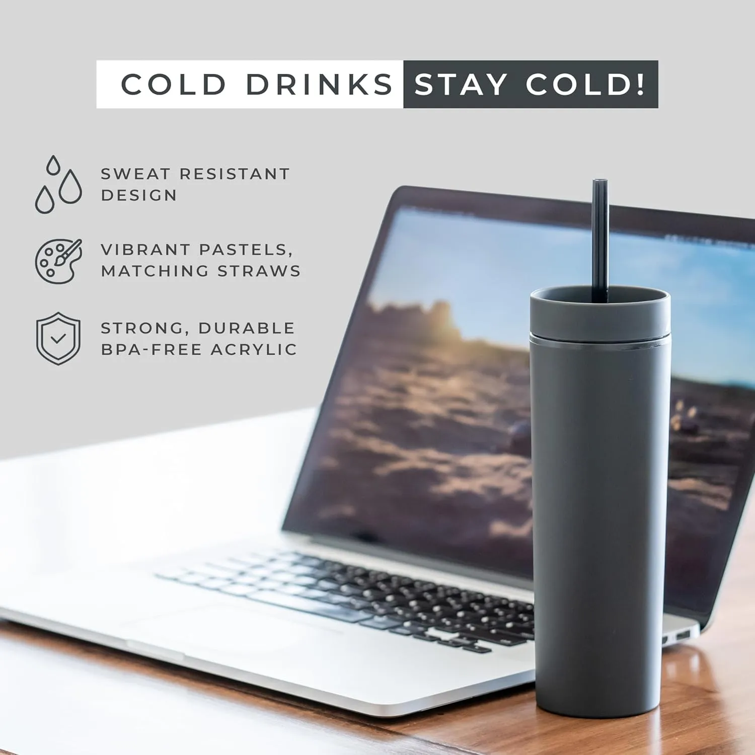 STRATA CUPS Black Skinny Tumblers with Lids and Straws (12 pack) - 16oz Double Wall Acrylic Tumbler, Tall Matte Skinny Tumblers, Bulk with Free Straw Cleaner, Reusable Cups