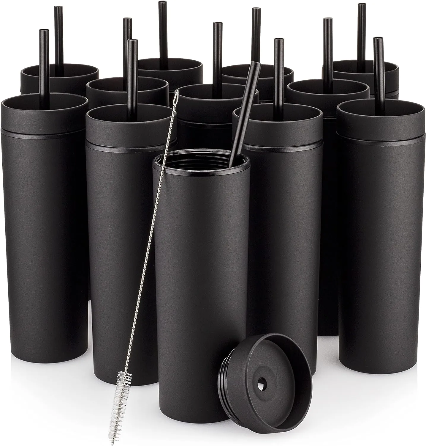 STRATA CUPS Black Skinny Tumblers with Lids and Straws (12 pack) - 16oz Double Wall Acrylic Tumbler, Tall Matte Skinny Tumblers, Bulk with Free Straw Cleaner, Reusable Cups