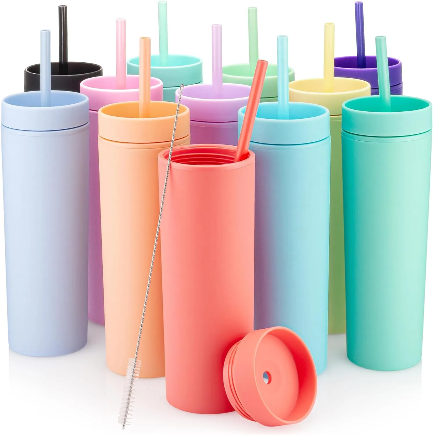 STRATA CUPS Multicolor Skinny Tumblers with Lids and Straws (12 pack) - 16oz Double Wall Acrylic Tumbler, Tall Matte Skinny Tumblers, Bulk with Free Straw Cleaner, Reusable Cups