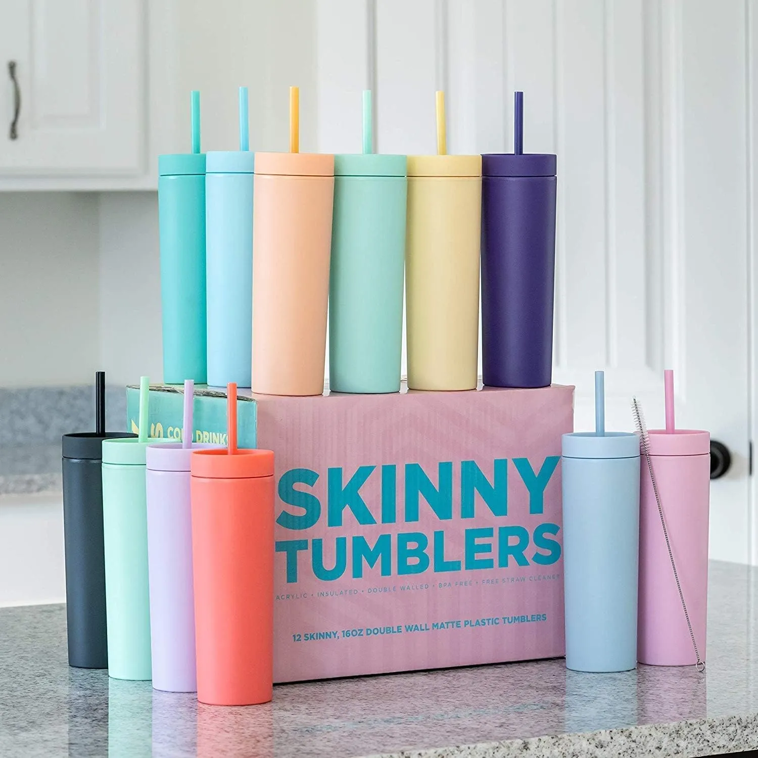 STRATA CUPS Multicolor Skinny Tumblers with Lids and Straws (12 pack) - 16oz Double Wall Acrylic Tumbler, Tall Matte Skinny Tumblers, Bulk with Free Straw Cleaner, Reusable Cups