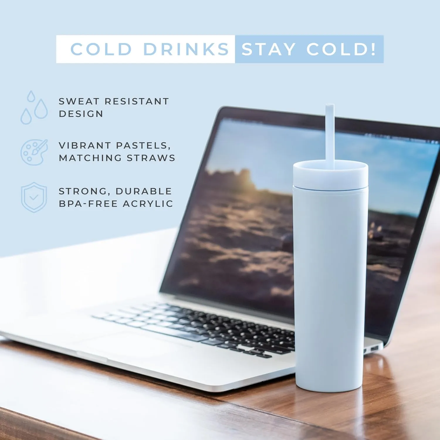 STRATA CUPS Perwinkle Skinny Tumblers with Lids and Straws (4 pack), 16oz Matte Pastel Colored Acrylic Tumblers with Lids and Straws, Double Wall Skinny Tumbler Bulk, Reusable Cup with Straw Cleaner