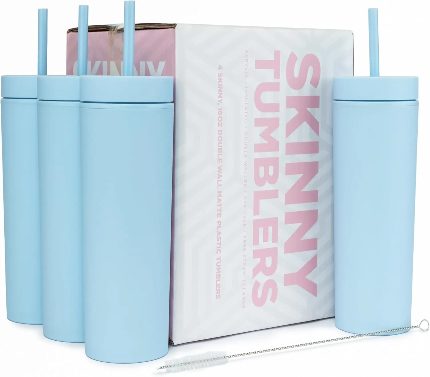 STRATA CUPS Perwinkle Skinny Tumblers with Lids and Straws (4 pack), 16oz Matte Pastel Colored Acrylic Tumblers with Lids and Straws, Double Wall Skinny Tumbler Bulk, Reusable Cup with Straw Cleaner