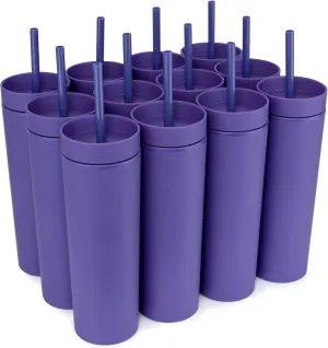 STRATA CUPS Purple Skinny Tumblers with Lids and Straws (12 pack) - 16oz Double Wall Acrylic Tumbler, Tall Matte Skinny Tumblers, Bulk with Free Straw Cleaner, Reusable Cups