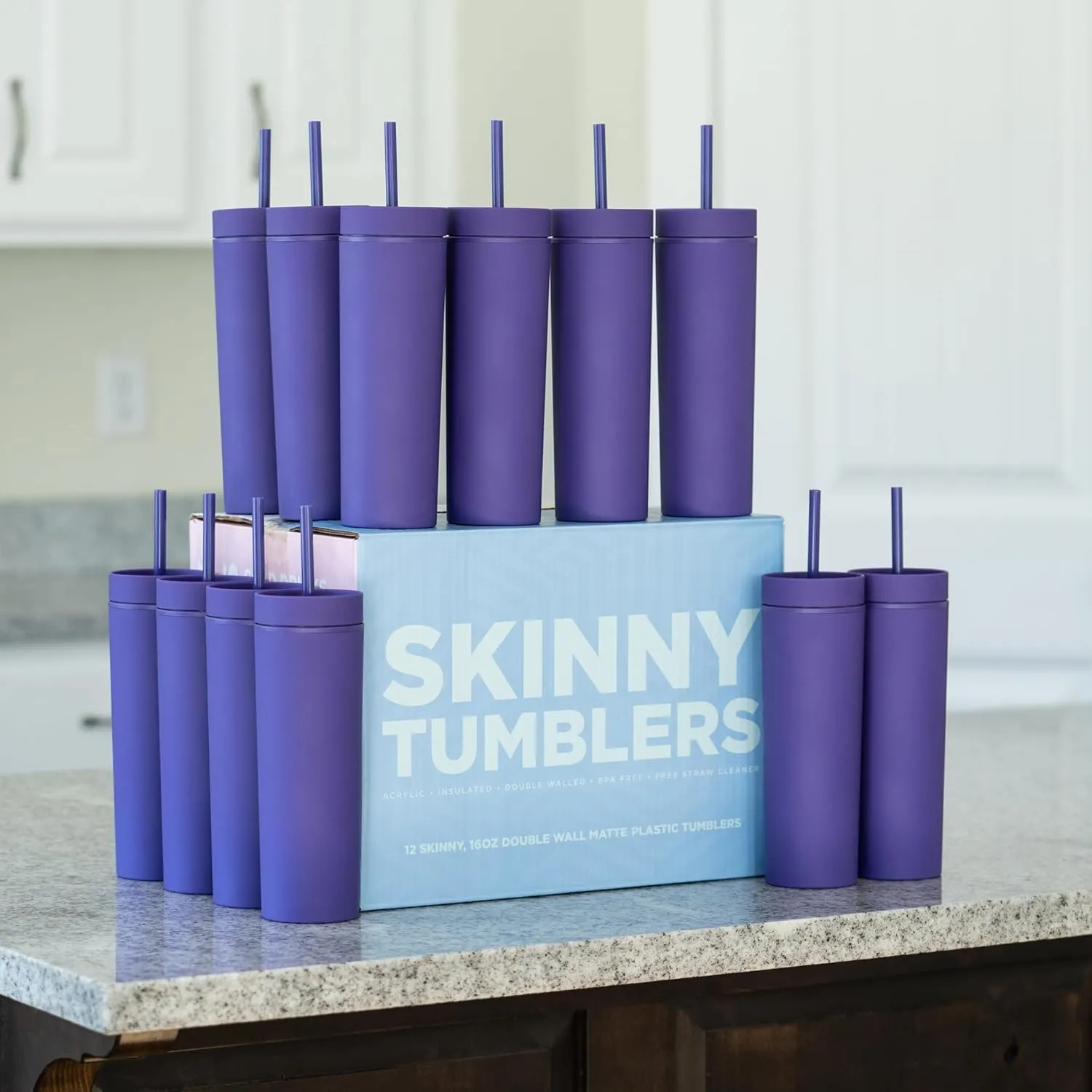 STRATA CUPS Purple Skinny Tumblers with Lids and Straws (12 pack) - 16oz Double Wall Acrylic Tumbler, Tall Matte Skinny Tumblers, Bulk with Free Straw Cleaner, Reusable Cups