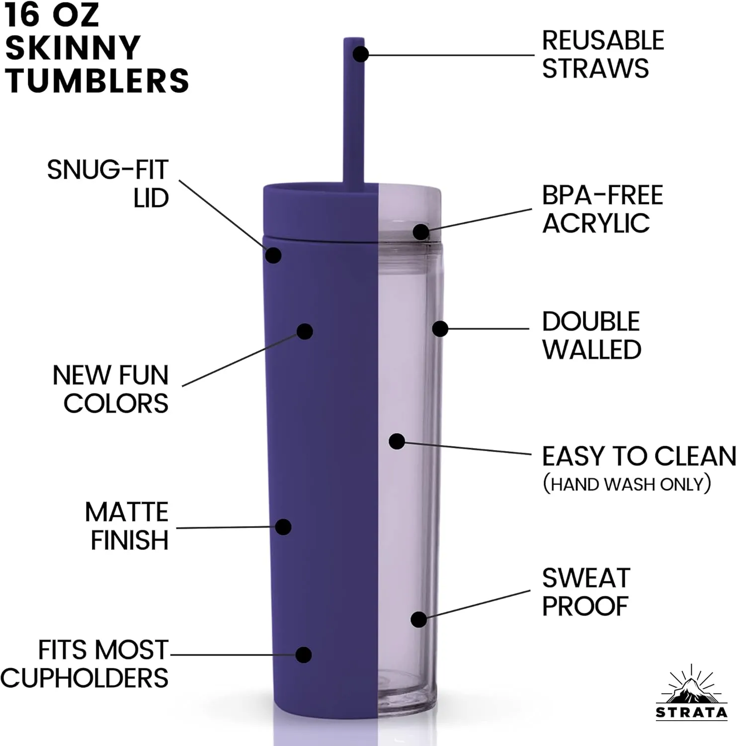 STRATA CUPS Purple Skinny Tumblers with Lids and Straws (12 pack) - 16oz Double Wall Acrylic Tumbler, Tall Matte Skinny Tumblers, Bulk with Free Straw Cleaner, Reusable Cups