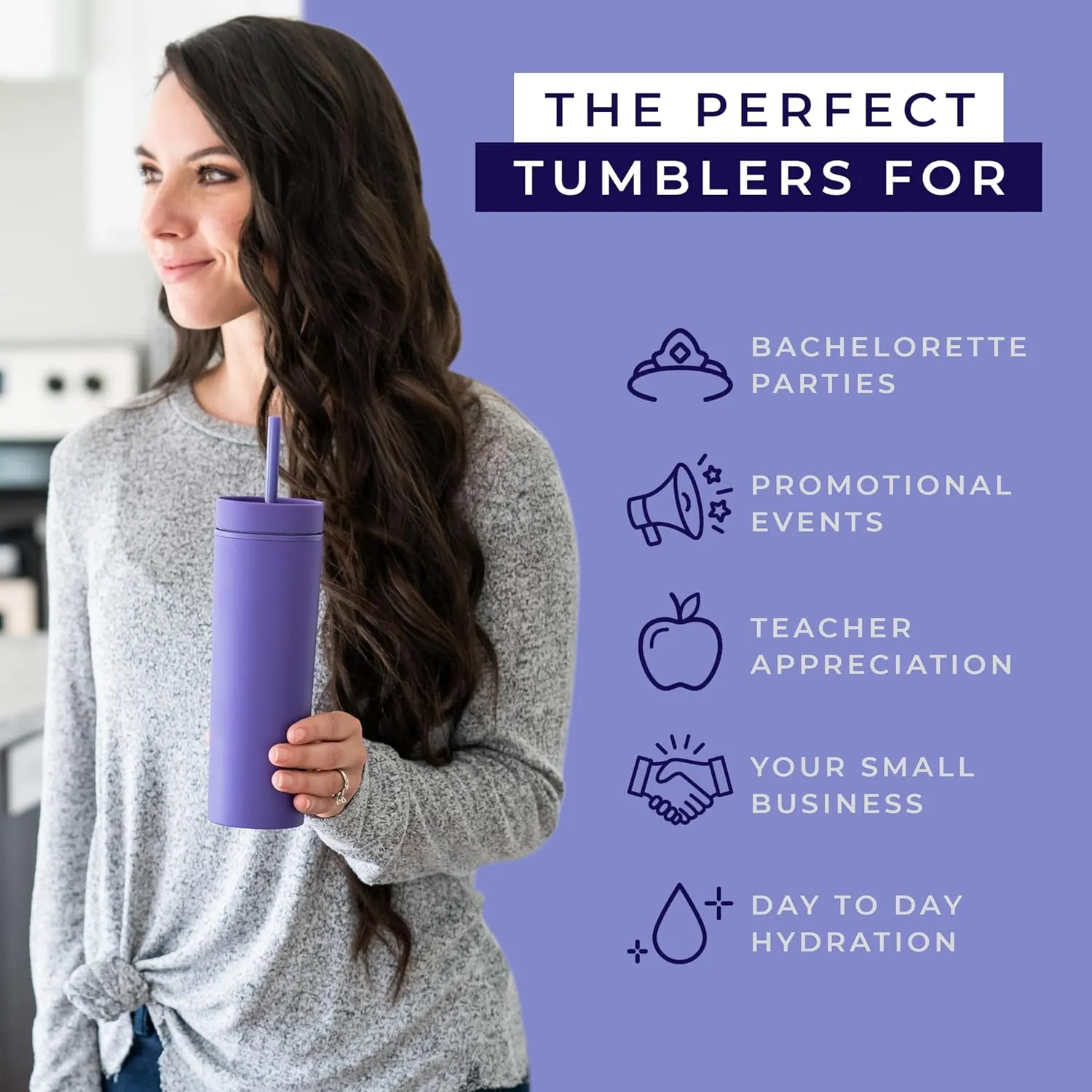 STRATA CUPS Purple Skinny Tumblers with Lids and Straws (12 pack) - 16oz Double Wall Acrylic Tumbler, Tall Matte Skinny Tumblers, Bulk with Free Straw Cleaner, Reusable Cups