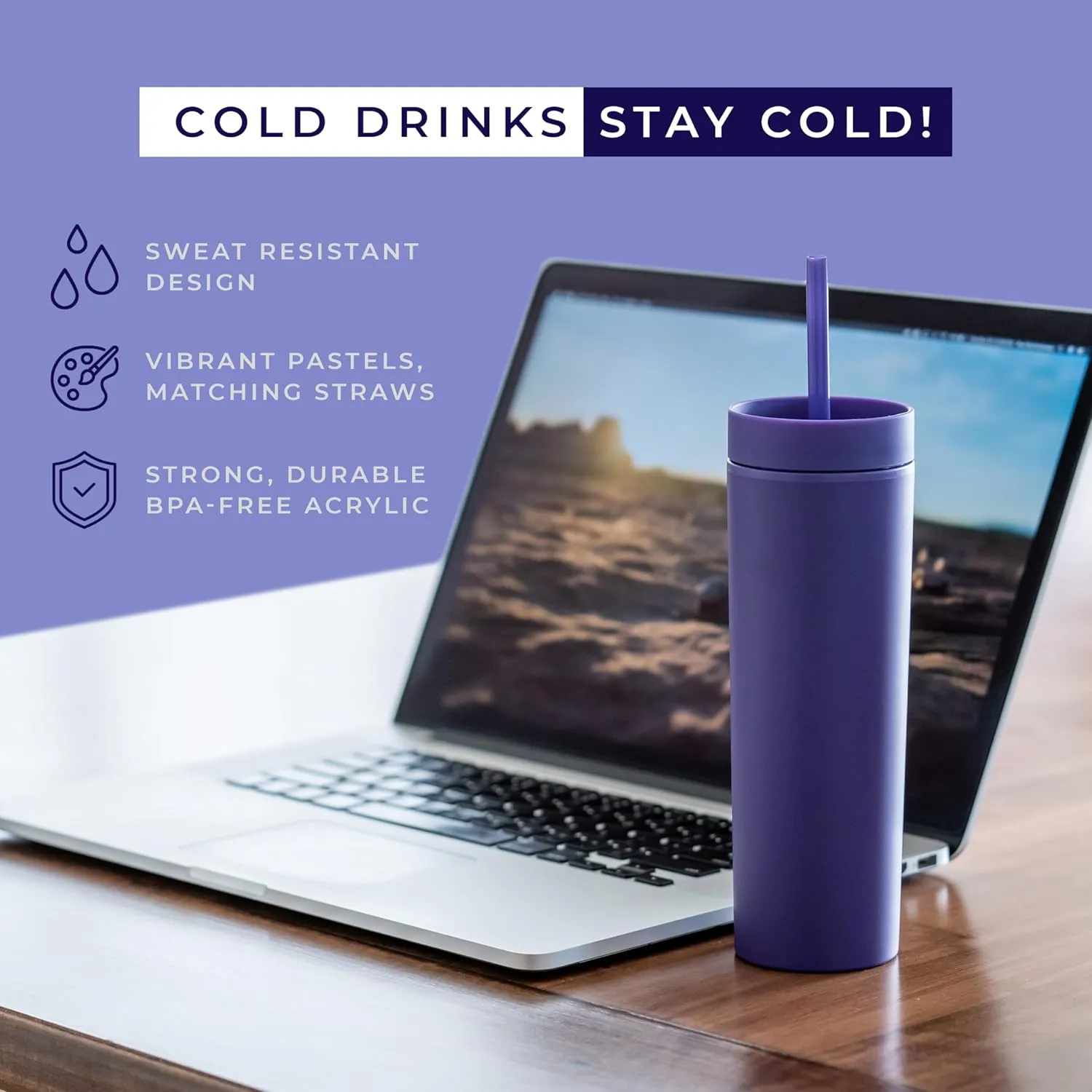 STRATA CUPS Purple Skinny Tumblers with Lids and Straws (12 pack) - 16oz Double Wall Acrylic Tumbler, Tall Matte Skinny Tumblers, Bulk with Free Straw Cleaner, Reusable Cups