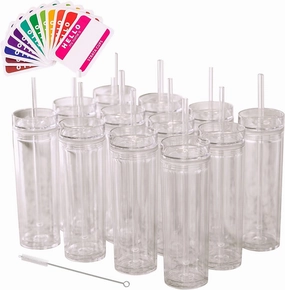STRATA CUPS 24 Clear Skinny Tumblers with Lids and Straws | 16oz Reusable Cup Double-Wall Clear Tumbler with Lid and Straw, Durable Acrylic Tumblers With FREE Straw Cleaner & Name Tags