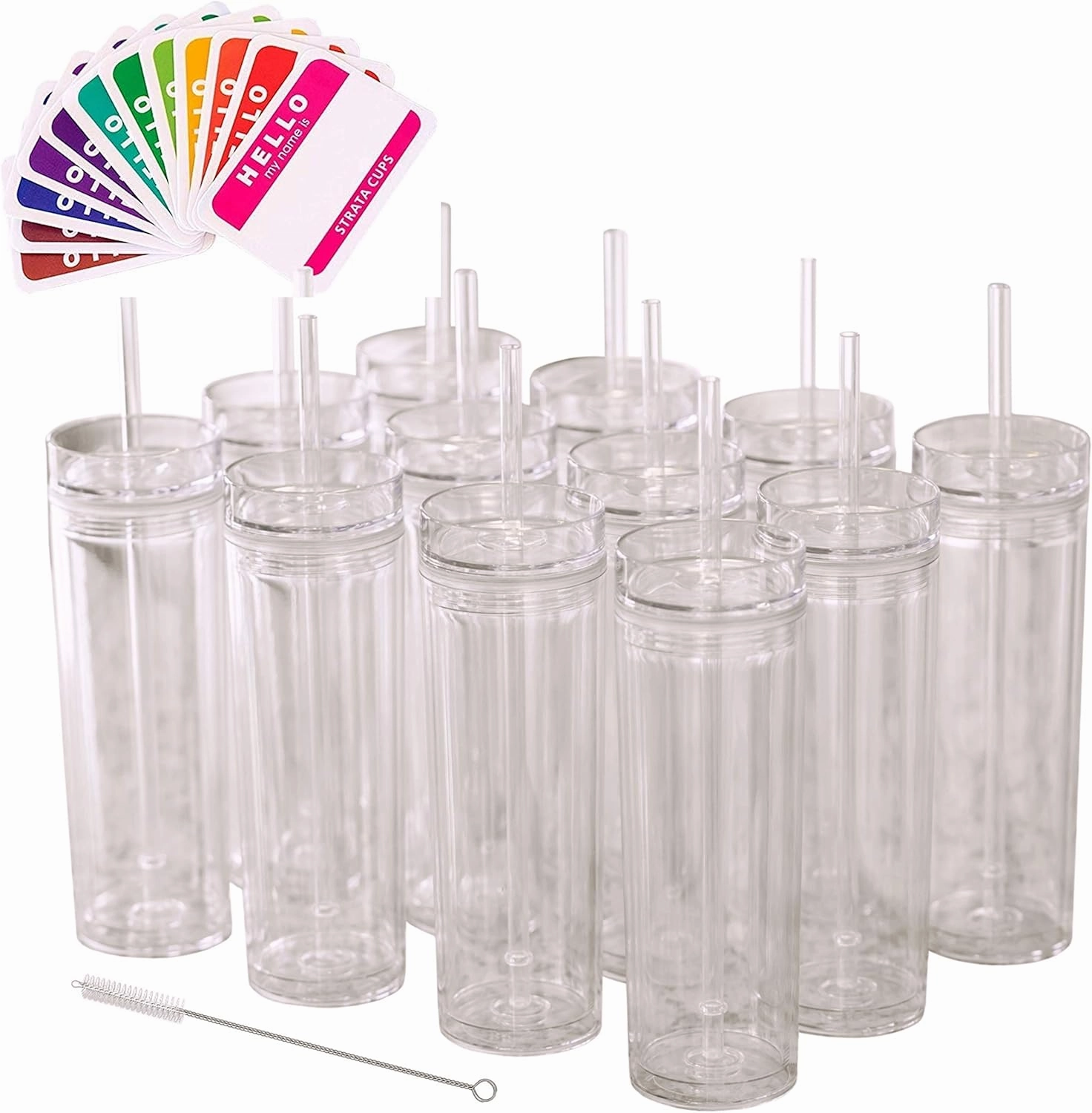 STRATA CUPS 24 Clear Skinny Tumblers with Lids and Straws | 16oz Reusable Cup Double-Wall Clear Tumbler with Lid and Straw, Durable Acrylic Tumblers With FREE Straw Cleaner & Name Tags