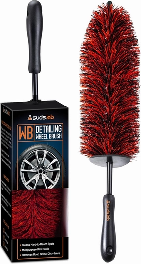 Suds Lab WB Wheel Cleaning Brush with Soft Bristles, Ergonomic Handle, Scratch-Free Tool for Alloy, Chrome, and Painted Wheels, Ideal for Car, Truck, and Motorcycle Maintenance