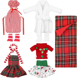 Sumind 10 Pieces Christmas Doll Clothes Accessories Santa Doll Clothing Includes Plaid Doll Accessories with Skirts Nightgown Sleeping Bag Scarf Socks and More(Stylish Style)