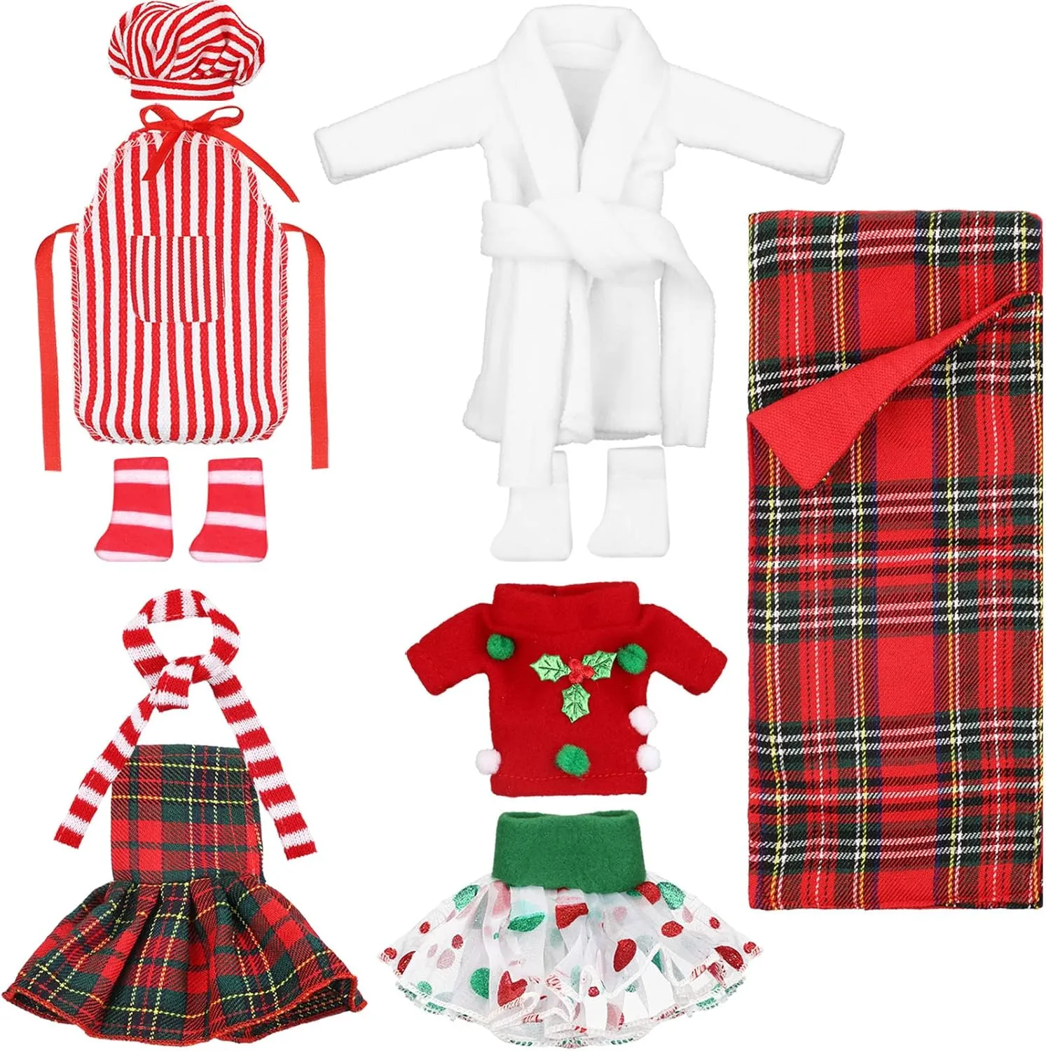 Sumind 10 Pieces Christmas Doll Clothes Accessories Santa Doll Clothing Includes Plaid Doll Accessories with Skirts Nightgown Sleeping Bag Scarf Socks and More(Stylish Style)