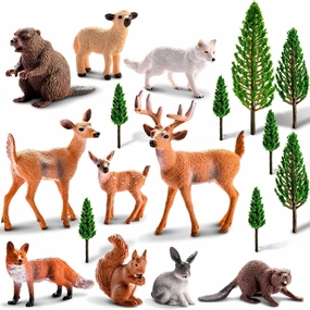 Sumind 18 Pcs Forest Animals Figurines Woodland Animals Toys Model Trees Kit Miniature Plastic Toys Realistic Wild Forest for Cake Toppers Birthday Party Favor(Forest Animals)