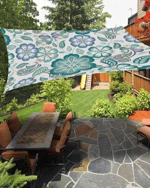Sun Shade Sail 12'x16' Turquoise Paisley Floral Rectangle Sun Shade Sails Canopy Waterproof Boho Vintage Flowers Outdoor Sunshades Sand UV Block Cover Shades Cloth for Patio Backyard Garden Lawn