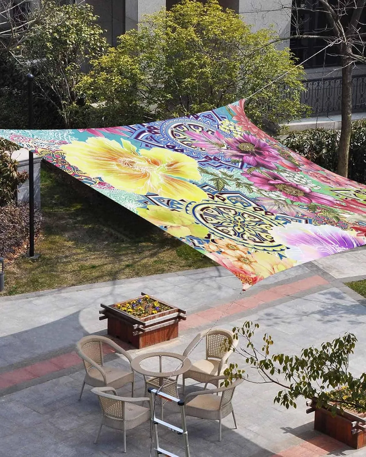 Sun Shade Sail 8'x10' Boho Floral Sun Shade Sails Canopy Waterproof Bright Flowers Blossom Bohemian Mandala Outdoor Sunshades Sand UV Block Cover Shade Cloth for Patio Yard Garden Deck Lawn
