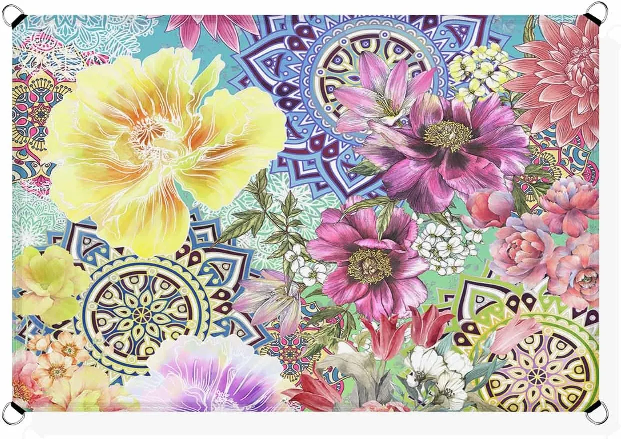 Sun Shade Sail 8'x10' Boho Floral Sun Shade Sails Canopy Waterproof Bright Flowers Blossom Bohemian Mandala Outdoor Sunshades Sand UV Block Cover Shade Cloth for Patio Yard Garden Deck Lawn