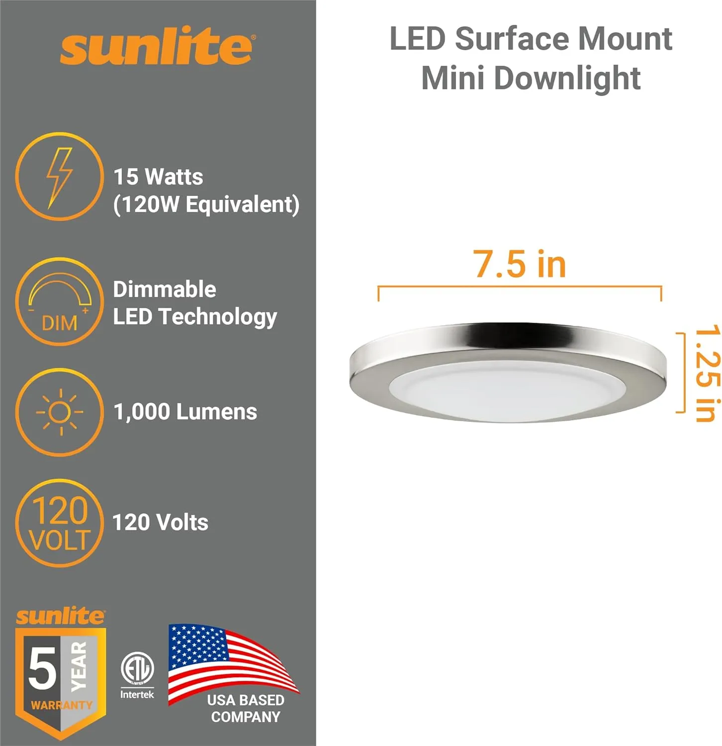 Sunlite LED Surface Mount Mini Downlight, 15 Watt, Dimmable, Brushed Nickel Finish, 30K – Warm White, ETL Listed