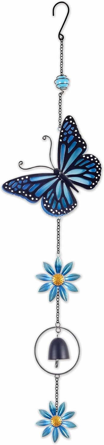 Sunset Vista Designs Weather-Resistant Butterfly Wind Bell Indoor/Outdoor Yard & Garden Chime Décor, 31-Inch, Blue