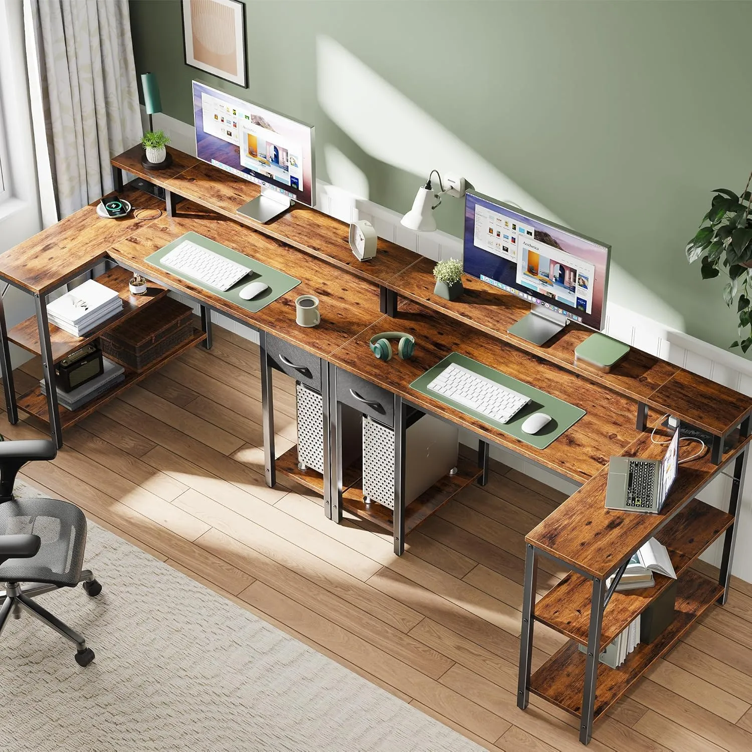 SUPERJARE 47 inch Reversible L Shaped Desk with LED Lights & Power Outlets, Computer Desk with Shelves & Monitor Stand, Gaming Desk with Drawer, Home Office Desk Corner Desk, Rustic Brown
