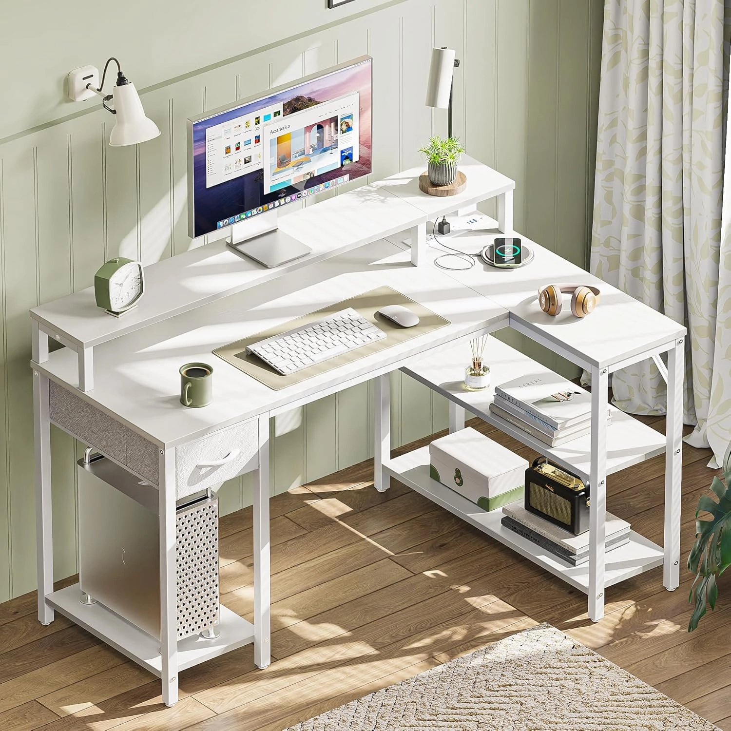 SUPERJARE 47 inch Reversible L Shaped Desk with LED Lights & Power Outlets, Computer Desk with Shelves & Monitor Stand, Gaming Desk with Drawer, Home Office Desk Corner Desk, PU White Drawer