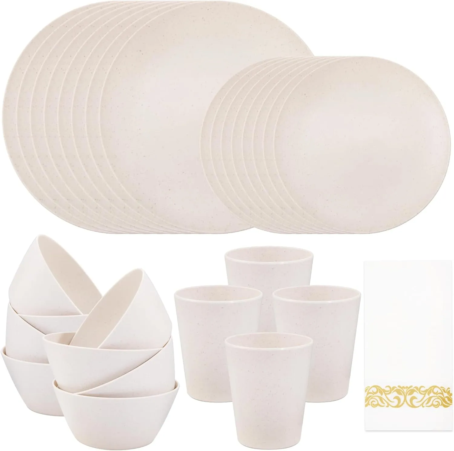 Supernal 32pcs Wheat Straw Dinnerware Sets with 25pcs Gold Napkins,Plates and Bowls Sets,Beige Plastic Dinnerware Sets Dish Set for 8,Microwave Dishwasher Safe Plates for Halloween Thanksgiving