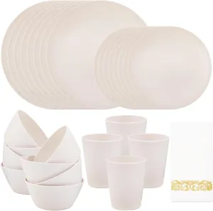 Supernal 32pcs Wheat Straw Dinnerware Sets with 25pcs Gold Napkins,Plates and Bowls Sets,Beige Plastic Dinnerware Sets Dish Set for 8,Microwave Dishwasher Safe Plates for Halloween Thanksgiving